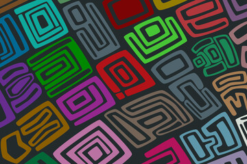 Wallpaper in the form of stylized Mayan ornaments.