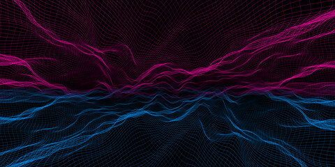 Abstract wave grid Neon color mesh light effect 3d illustration