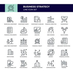 Business Strategy Line Icon Set of Searching Investment,Investment Graph,Investment Guideline,Financial Direction,Management,Financial Documents,Achievements,Analysis,Idea Sharing,Sales Funnel,Long