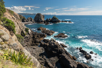Fototapeta na wymiar The rocky coastline at Takatu Point in Tawharanui Regional Park, Auckland, New Zealand, on a beautiful, sunny day.