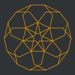 A simple geometric line art pattern of connected heptagon shapes with a star at the center in orange color on a grey-brown background, vector illustration