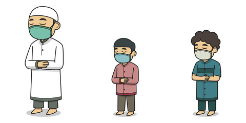 Imam and Makmum Characters Wearing Face Mask. Vector Illustration. Children Book.