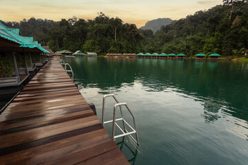 Beautiful mountains lake river sky and natural attractions in Ratchaprapha Dam at Khao Sok National Park