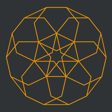 A simple geometric line art pattern of connected heptagon shapes with a star at the center in orange color on a grey-brown background, vector illustration