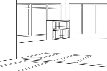 Inside The Mosques During The Pandemic Implemented Social Distancing. Vector Illustration. Coloring Book.