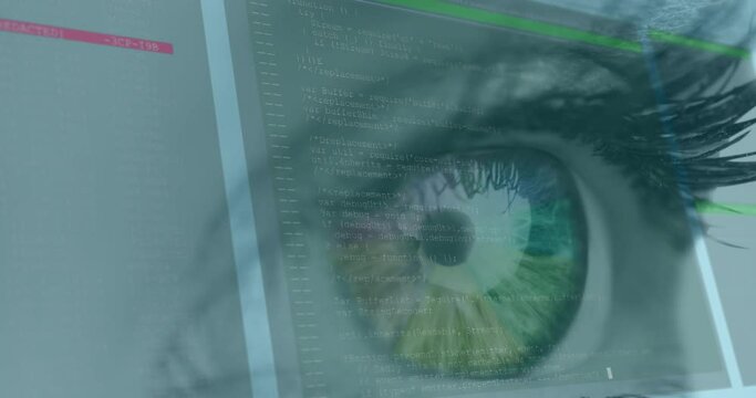 Animation of woman's green eye and fast scrolling digital information with white lines