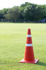 red plastic traffic cone on green grass