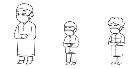 Imam and Makmum Characters Wearing Face Mask. Vector Illustration. Coloring Book.