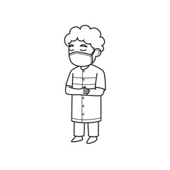 Curly Boy Character Wearing Face Mask. Vector Illustration. Coloring Book.