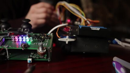 DIY, the machine on electronic control. Home experiments, robotics, smart engineer. Toy for the child. A man fixes a motherboard electronic device. Future technologies. soldering station, batteries