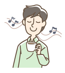 音楽を聴きながら飲み物を飲んでリラックスする男性