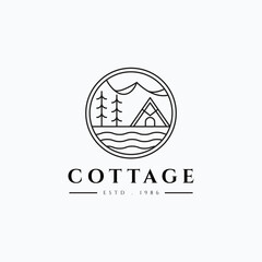 Tourism minimalist line art cabin vector illustration logo design. Simple modern cottage logo concept.