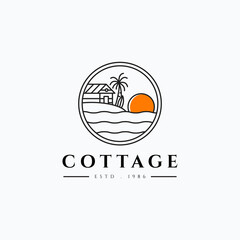 Minimalist line art beach wooden cabin with surf board and sunset vector illustration design. Circle badge wooden cottage logo concept.