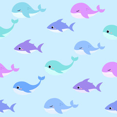 Obraz premium Sea animals seamless pattern. Wallpaper with fishes on a blue background. Cute ocean animals vector. 