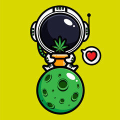 cute cartoon astronaut vector design sitting planet holding marijuana leaf