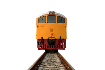 Front of glossy yellow Diesel Electric Locomotive on track isolated on white background with clipping path.