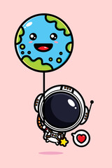 cartoon cute astronaut vector design flying with earth shaped balloon