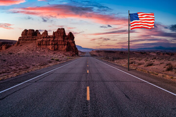 National American Flag Overlay. Middle of the Road View of a Scenic route in the desert. Colorful...