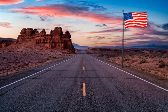 National American Flag Overlay. Middle of the Road View of a Scenic route in the desert. Colorful Sunrise Sky Art Render. Taken on Route 24, Utah, United States of America.