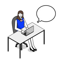 デスクワークするビジネスウーマン アウトラインありアイソメトリックイラスト