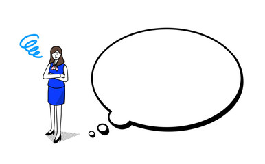 考えるビジネスウーマン アウトラインありアイソメトリックイラスト