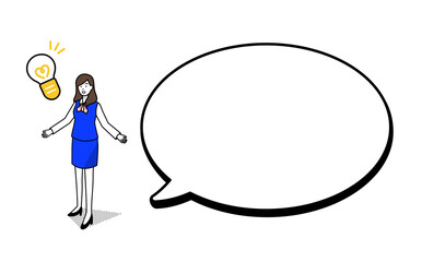 アイデアをひらめくビジネスウーマン アウトラインありアイソメトリックイラスト