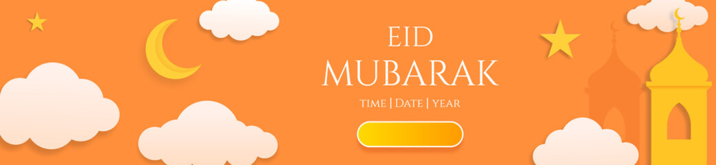 3D Eid Mubarak Horizontal banner or Header Template with  Moon Clouds and Stars