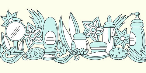 Seamless border, a set for skin care or beauty. Cosmetic bottles. Organic natural ingredients.