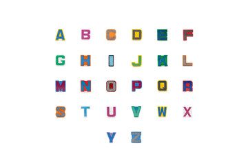 Set of isolated plastic toy all uppercase a-z capital letter are arranged in studio light on white background