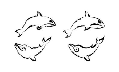 Set of whale tattoo in boho style. Isolated. Vector illustration