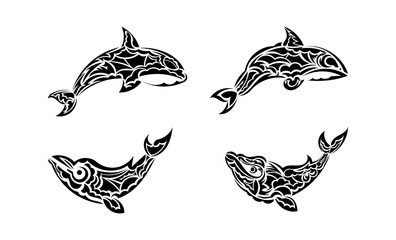 Set of whale tattoo in boho style. Isolated. Vector