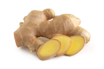Fresh ginger root and sliced isolated on white background,clipping path..