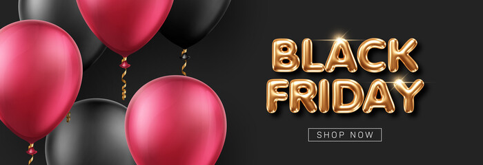 Black Friday sale banner with 3d golden letters and balloons on black background