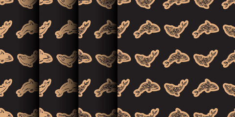 Set of Seamless luxury pattern with whales in simple style. Good for menus, postcards, books, murals and fabrics. Vector