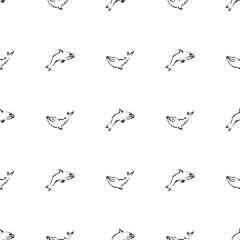 Seamless Black and White Pattern with Whales in Simple Style. Good for backgrounds and prints. Vector illustration.