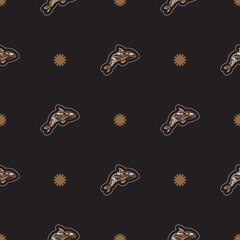 Seamless dark pattern with whales in simple style. Good for mural wallpaper, fabric, postcards and printing. Vector