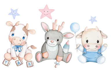 Cute cartoon illustration of sweet baby toys. Watercolor art.
