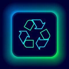 Glowing neon line Recycle symbol icon isolated on black background. Circular arrow icon. Environment recyclable go green. Colorful outline concept. Vector