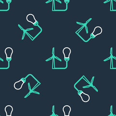 Line Light bulb with wind turbine as idea of eco friendly source of energy icon isolated seamless pattern on black background. Alternative energy concept. Vector