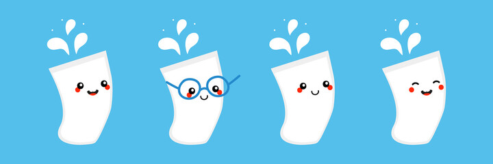 Set, collection of cute and smiling cartoon style glasses of milk with splashes characters. Glasses of dairy milk and plant-based milk concept.
