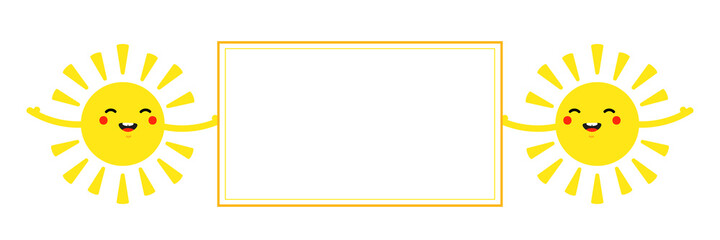 Couple of cute happy cartoon style yellow sun characters holding in hands blank card, banner.