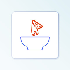 Line Nachos in plate icon isolated on white background. Tortilla chips or nachos tortillas. Traditional mexican fast food. Colorful outline concept. Vector