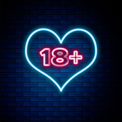 Glowing neon line 18 plus content heart icon isolated on brick wall background. Adults content only icon. Colorful outline concept. Vector