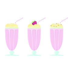 Strawberry milkshake. A set of several milkshakes with different decor.