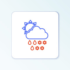 Line Cloud with snow, rain and sun icon isolated on white background. Weather icon. Colorful outline concept. Vector