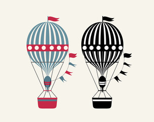 Aerostat illustration. Black and white, colorful hot air balloons. Vector illustration isolated on white background
