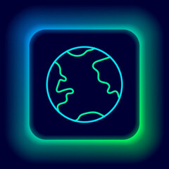 Glowing neon line Earth globe icon isolated on black background. World or Earth sign. Global internet symbol. Geometric shapes. Colorful outline concept. Vector