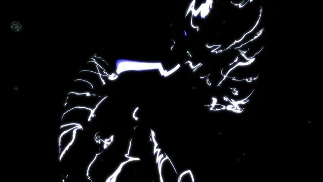 3D animation of growing DNA. The light is dim. Over look. Zoom out shot. The surface is black, and electric current through it.