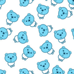 Bear face seamless pattern. Baby toy rattle. Cute bear's head and small rings. Blue and white background. Vector illustration