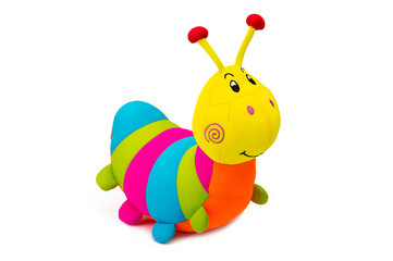 bright colored caterpillar-shaped educational toy made of fabric for children on a white isolated background